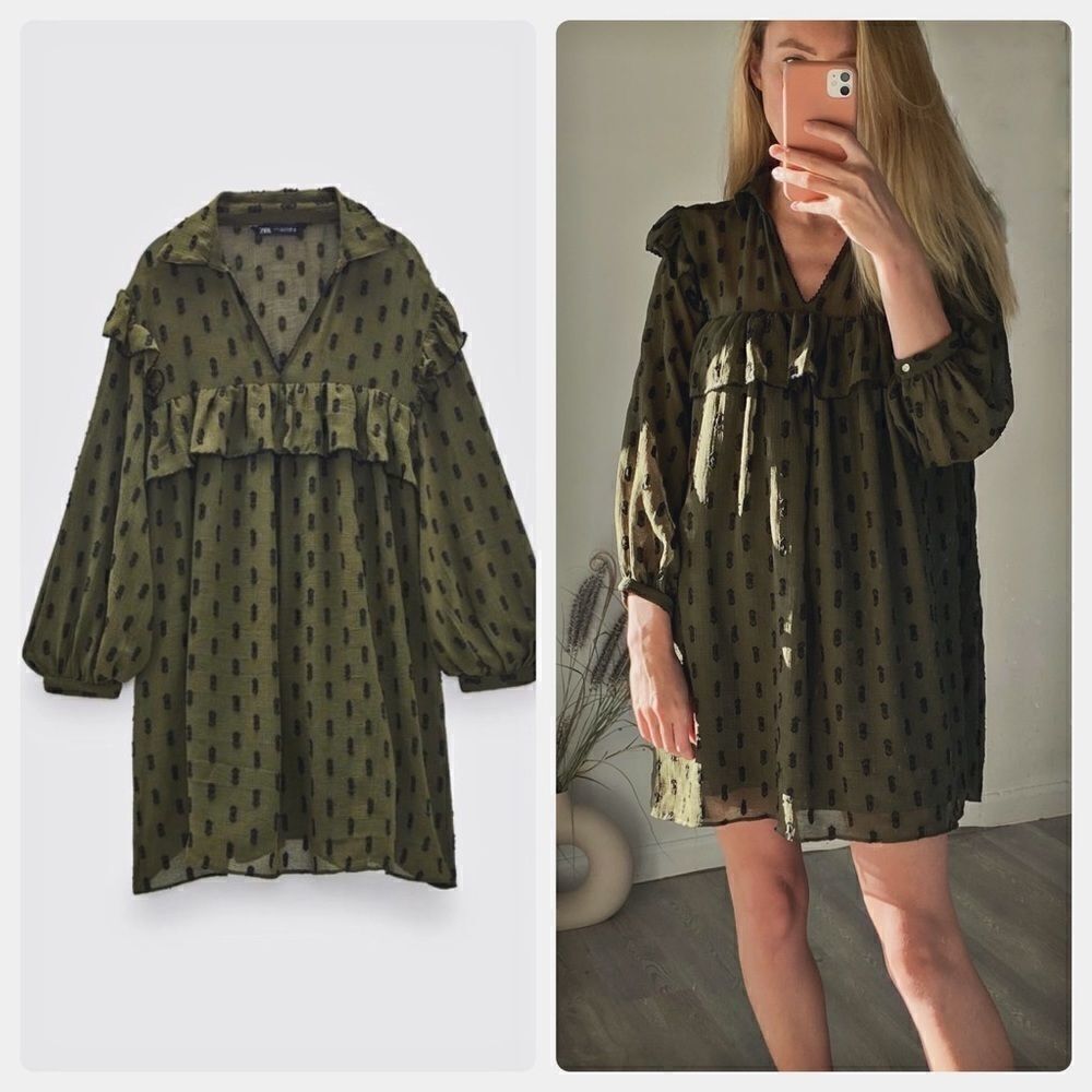 ZARA GREEN DOTTED MESH MINI DRESS